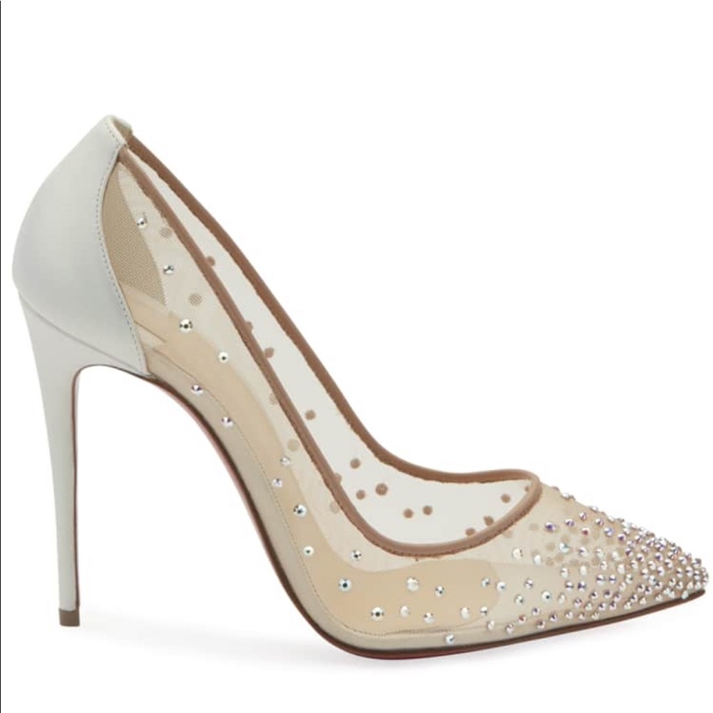 EUC Christian Louboutin White Follies Strass 100mm